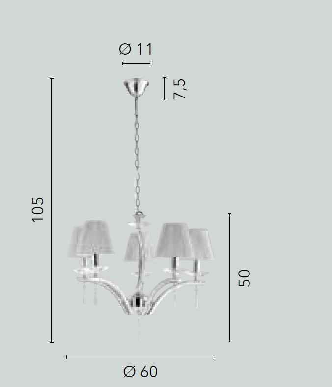 Sospensione 5 luci in metallo cromato cristalli K9 paralumi tessuto silver 5XE14 non incl. ORCHESTRA Sospensione 5 luci in metallo cromato cristalli K9 paralumi tessuto silver 5XE14 non incl. ORCHESTRA